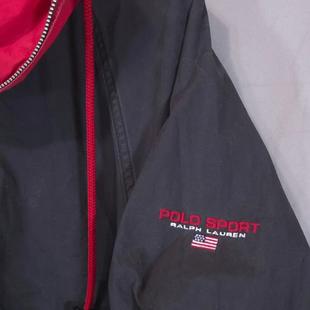 Vtg Polo Sport Ralph Lauren Mens Windbreaker Jacket L Black Red Hood 90s Hip Hop